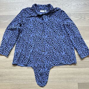 Kim Gravel Belle Top Women 2X Blue Leopard Button Down Long Sleeve